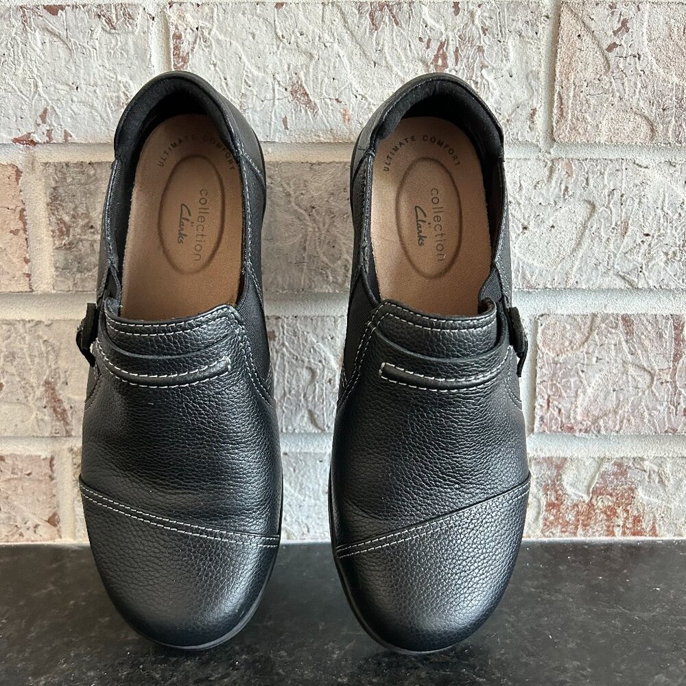 Clarks Size 8 Womens Black Leather Look Slipon Loafers, Black Womens Shoes